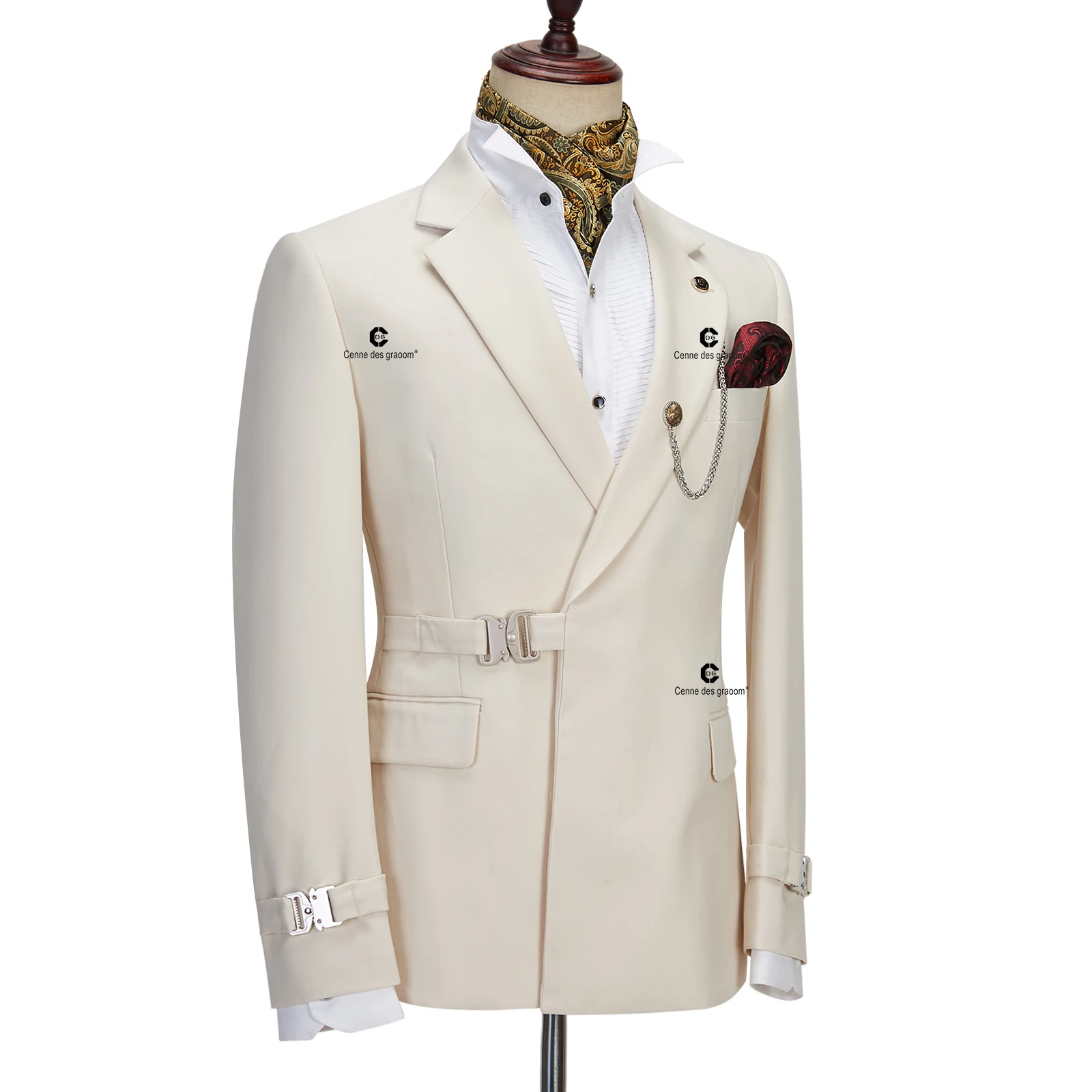 Cenne Des Graoom 2023 New Coat Design Dapper Style Metal Side Release Buckle Beige Men Suits 2 Pieces Set Dinner Wedding Party