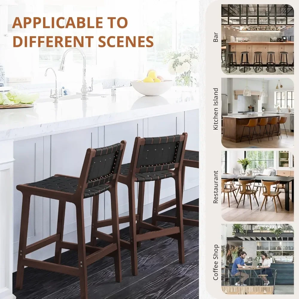 Faux Leather Woven Counter Stool com Costas, Tiras tecidas, Rattan Barstools com pernas de madeira para casa e cozinha, conjunto de 4