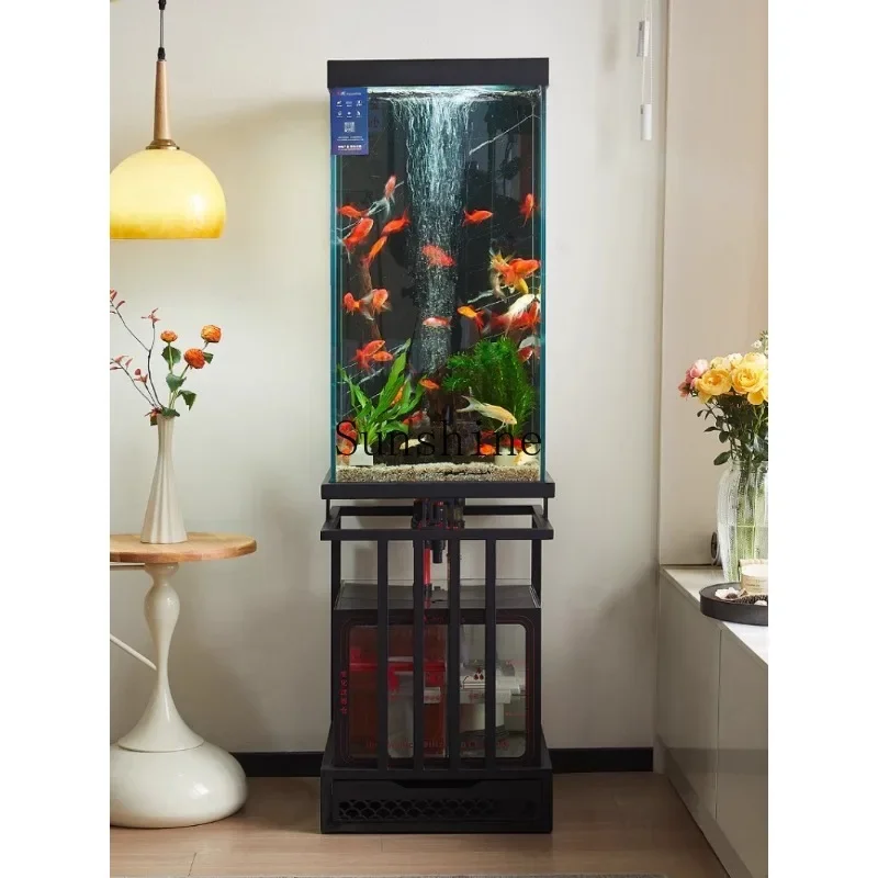 Living room ultra-white glass water-free oxygen bottom filter back overflow integrated landscaping aquarium       FT