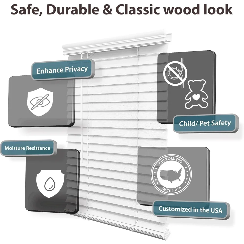 ستائر خشبية صناعية لاسلكية مقاس 2 بوصة، 20.75 بوصة عرض × 64 بوصة ارتفاع، أبيض - سهل التعديل وآمن للأطفال #4