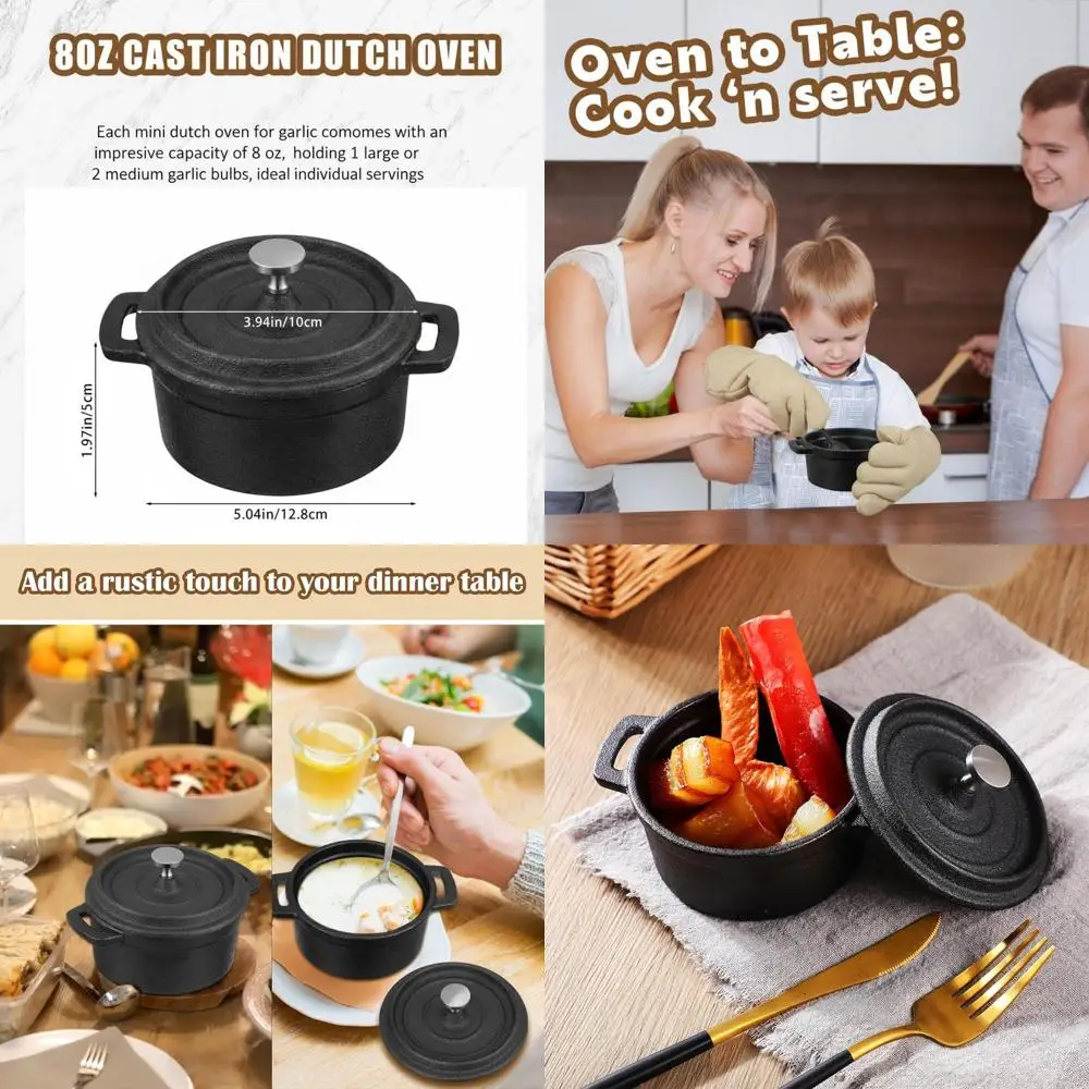 

4-Piece Mini Round Cast Iron Dutch Oven Set with Lid and Dual Handles for Cooking, Baking, and Refrigerating (8 oz) Individual S