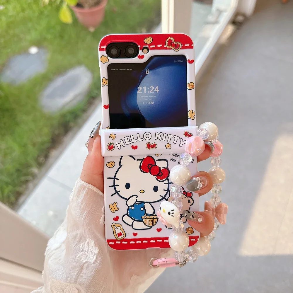 Sanrio Hello Kitty lait ours mignon dessin animé coque de téléphone pour Samsung Galaxy Z Flip 7 6 5 couverture rigide en TPU pour Z Flip 4 avec lanière