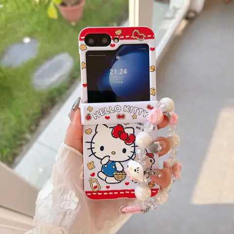  Sanrio Hello Kitty Milk Bear Cute Cartoon Phone Case For Samsung Galaxy Z Flip 7 6 5 Hard TPU Cover For Z Flip 4 With Lanyard