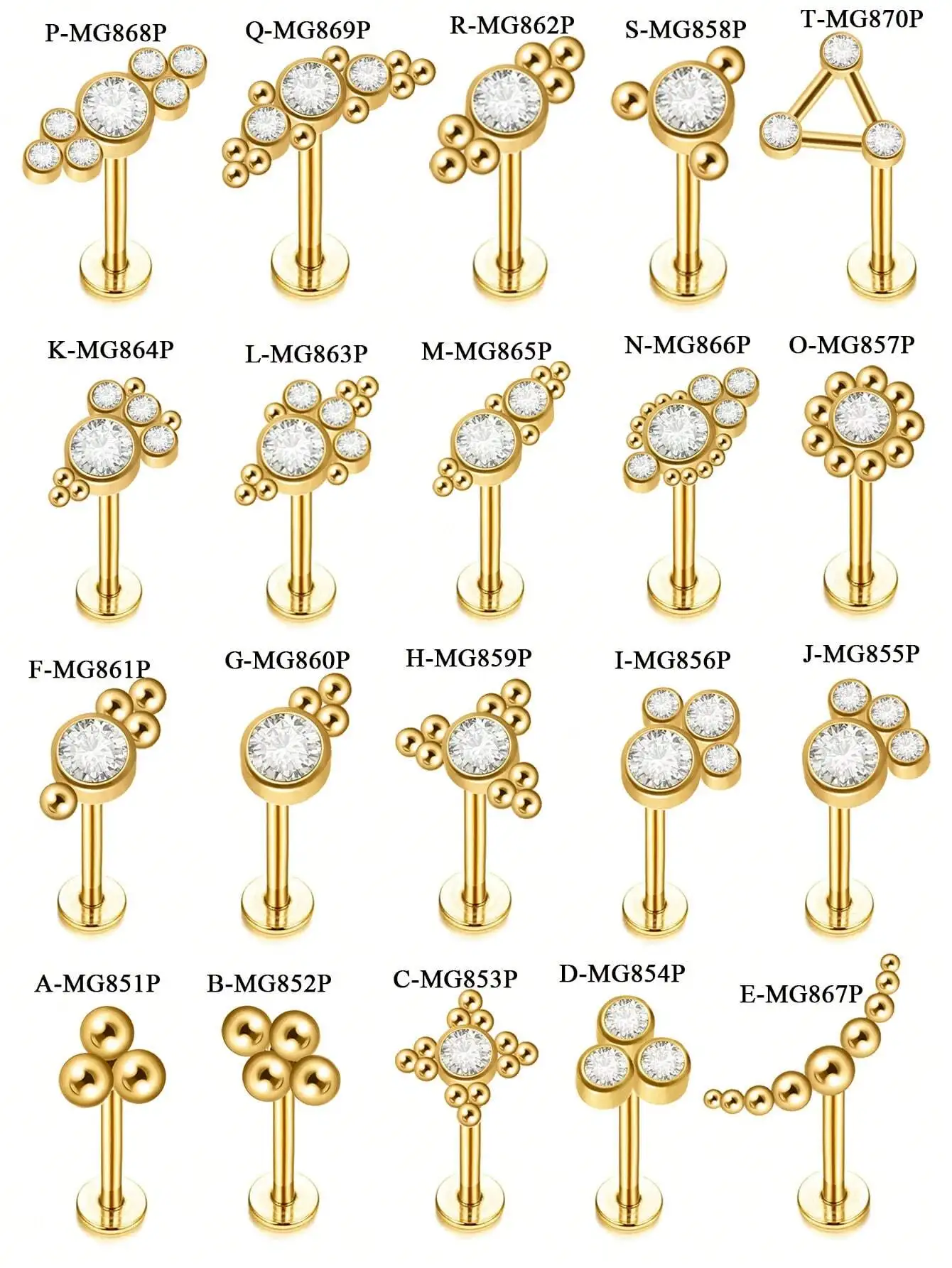 Pendiente de acero inoxidable chapado en oro de 20G con circonitas cúbicas, sin rosca, con racimo de cristales, para labret, labio, cartílago, tragus, hélix, daith.