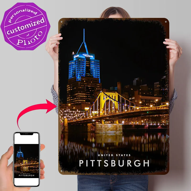 Pittsburgh At Night 3D Printed Texture Poster Personalized Wall Art Retro Metal Tin Signs for Vintage Decorations Decor Room