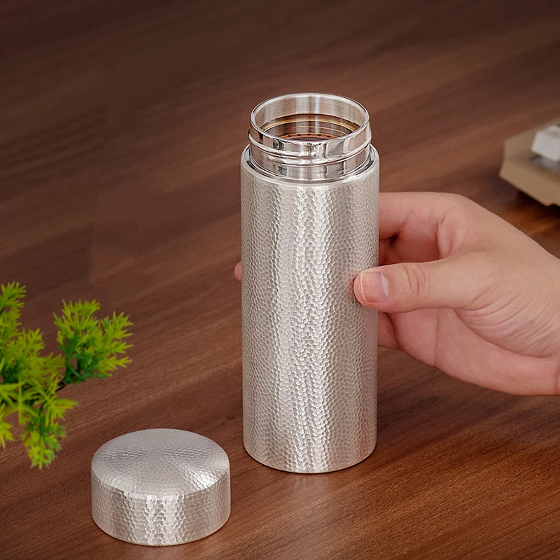 

999 Sterling Silver Travel Bottle Portable Thermos with Filter Straight Water Cup Hammer Pattern for Health And Business Gifts