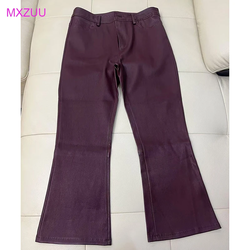 New Real Leather Flare Pants for Women Burgundy Elastic Sheepskin Midi Waist 9 Points Versatile Vintage Skinny Bootcut Trousers
