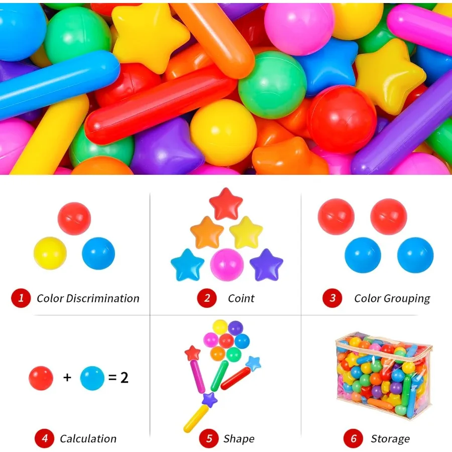 100 szt. Kul do basenu dla dzieci, zabawki do basenu, grube, miękkie plastikowe kulki do basenu dla maluchów, 3 kształty, kulki, gwiazda, patyk