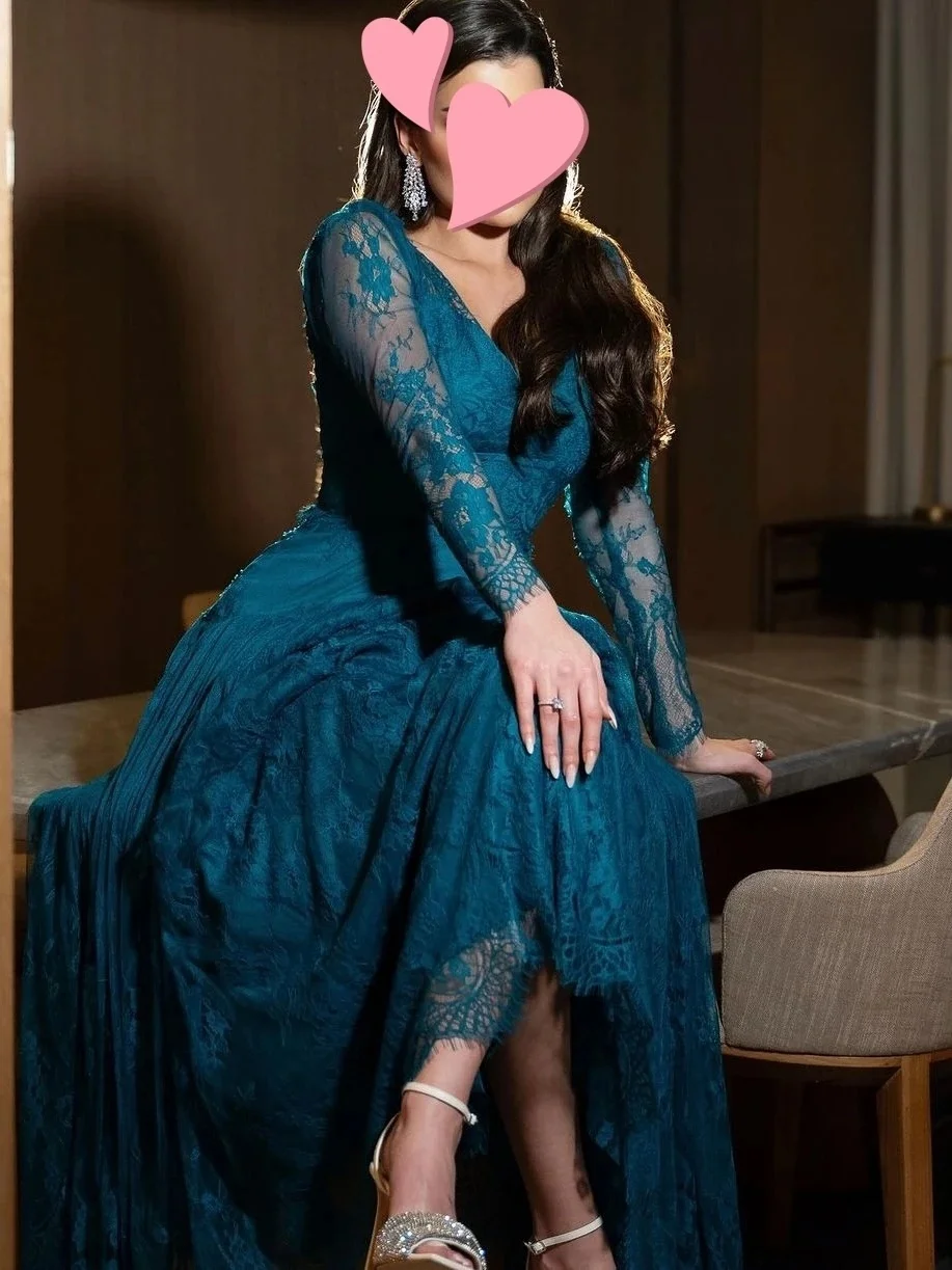 Teal Lace Long Sleeves Bespoke Occasion Gown Evening Dresses Prom Pastrol Unisex Jersey Retro Dubai Saudi Arabic Customized image 3