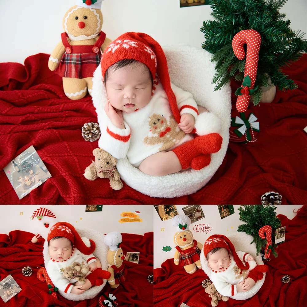 Cute Newborn Christmas Photography Props Fluffy Santa Hat+jumpsuit Set Festive Props Kit for Baby Photo Studio Xmas Theme Shoot