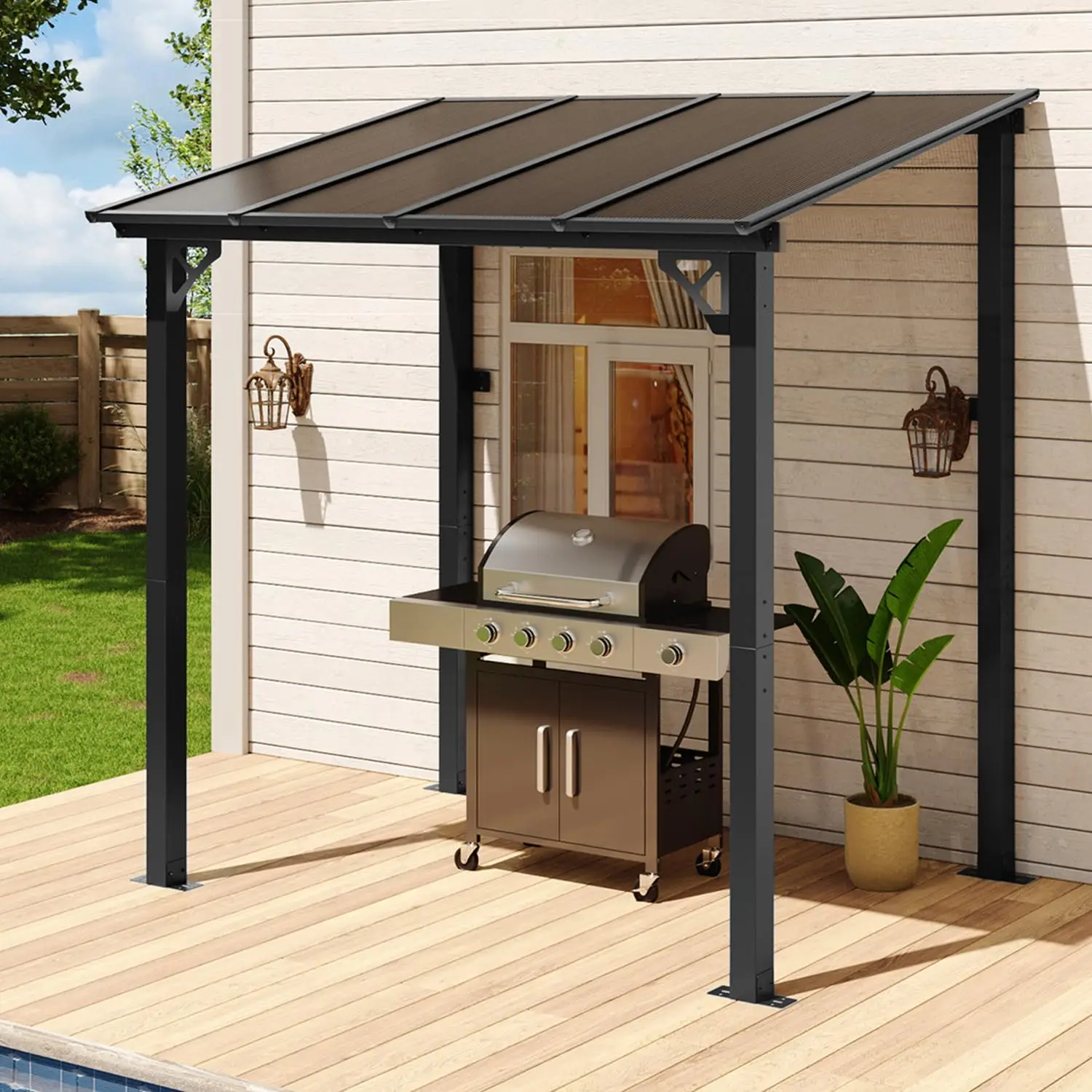 Outdoor Patio Gazebo Pergola With Sloped Roof, Wall Mounted Sun Shade Canopy Awning, Heavy Duty Aluminum Frame Lean To Shelter For Backyard Deck Garden Poolside, Modern Style, Black, 1 Piece