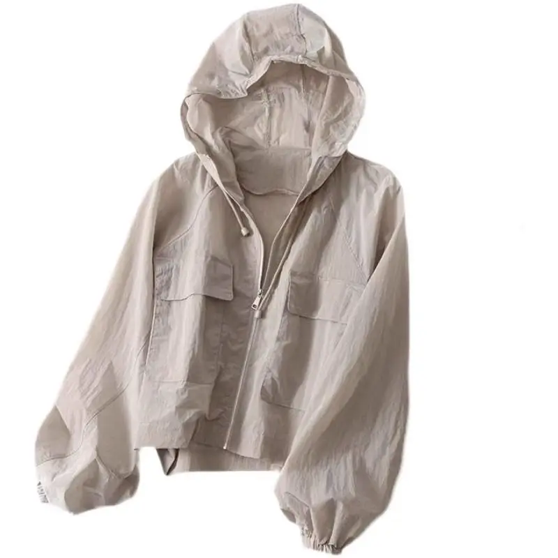 Lightweight Ice Silk Casual Hooded Women's Jacket Summer Thin New Large Size Loose Fit UV Protection Zipper Pocket Long Sleeve