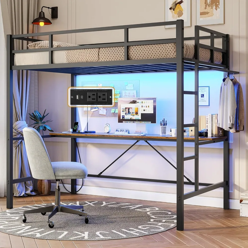 Loft Bed Twin Size  Desk and Charging Station Twin Metal Loft Bed Led Lights Twin Metal Bed Frame with Safety Guard & Ladder