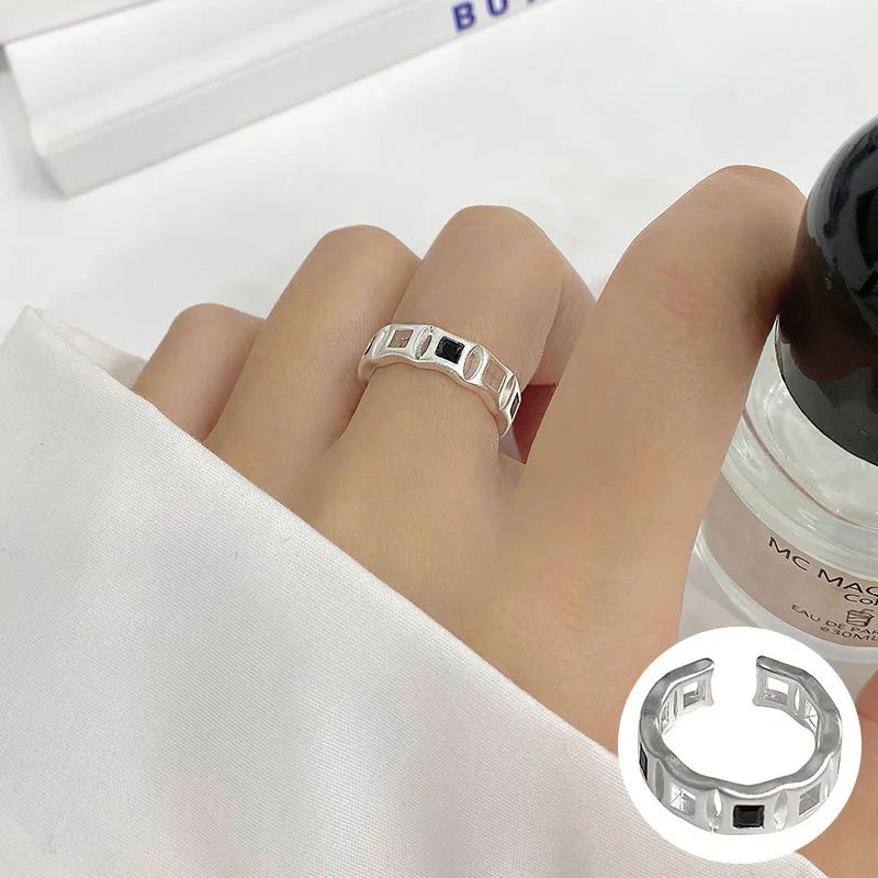 

100% 925 Sterling Silver Zircon Geometric Open Ring for Women Girl Matte Square Frosted Design Jewelry Party Gift Dropshipping