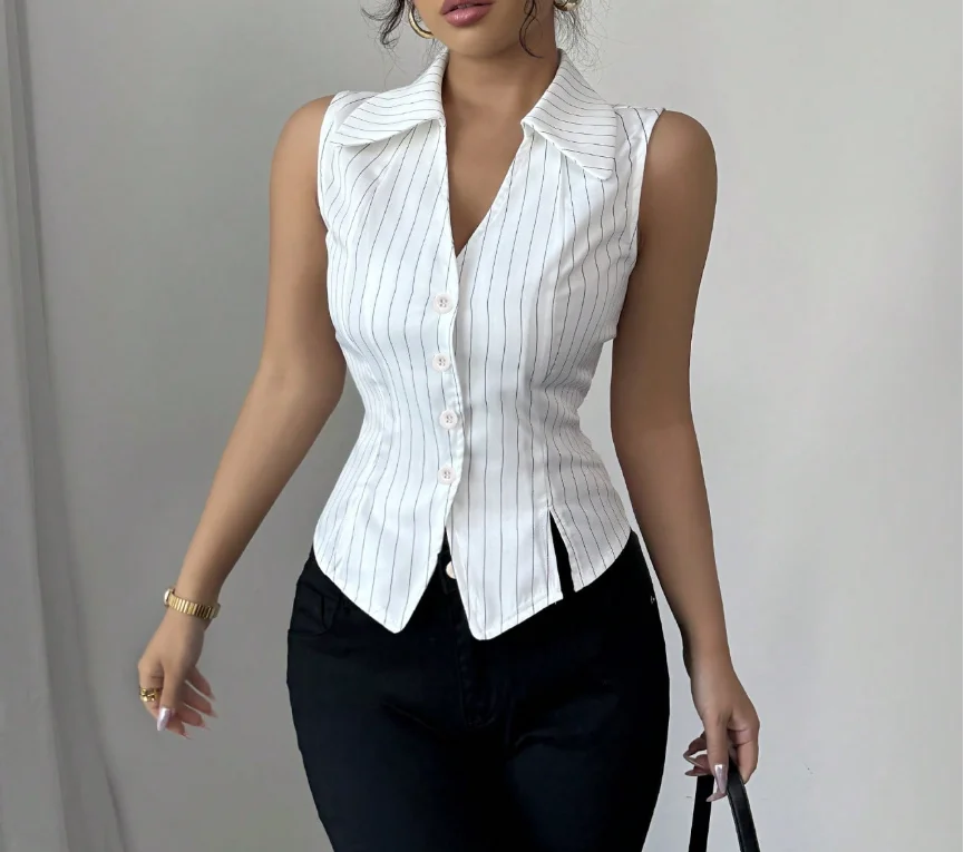 Nueva moda 2025 camisetas elegantes sexis camisa sin mangas a rayas camisa ajustada cárdigan Top