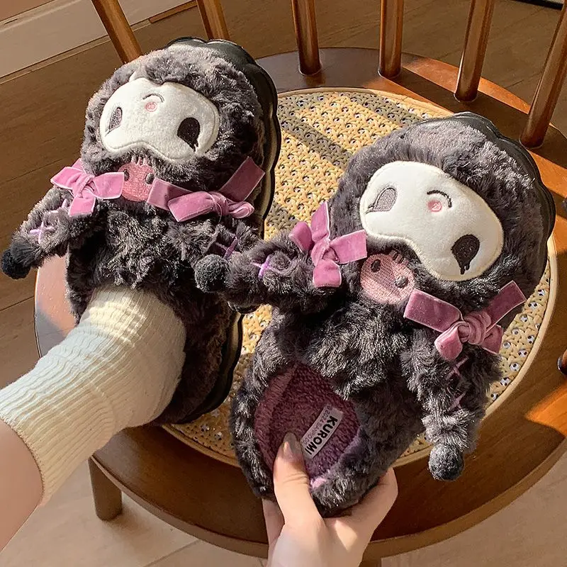 Winter Kuromi Slippers Kawaii Student Dormitory Bedroom Plush Cartoon Warm Shoe Girl Room Life Daily Necessities Birthday Gift