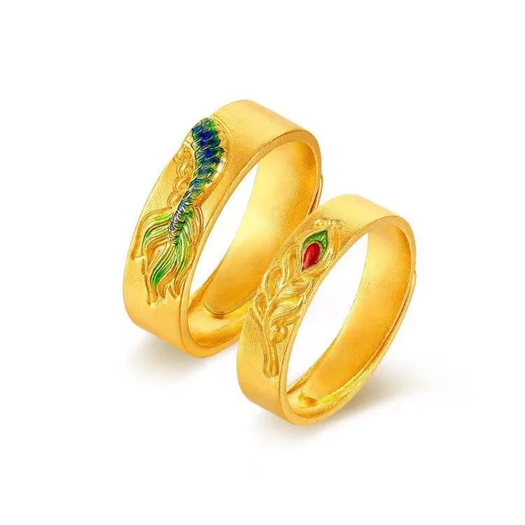 AU999 Dragon Tail Phoenix Feather Couple Ring Ancient Gold  Dragon and Phoenix Auspicious Open Ring Couple Ring