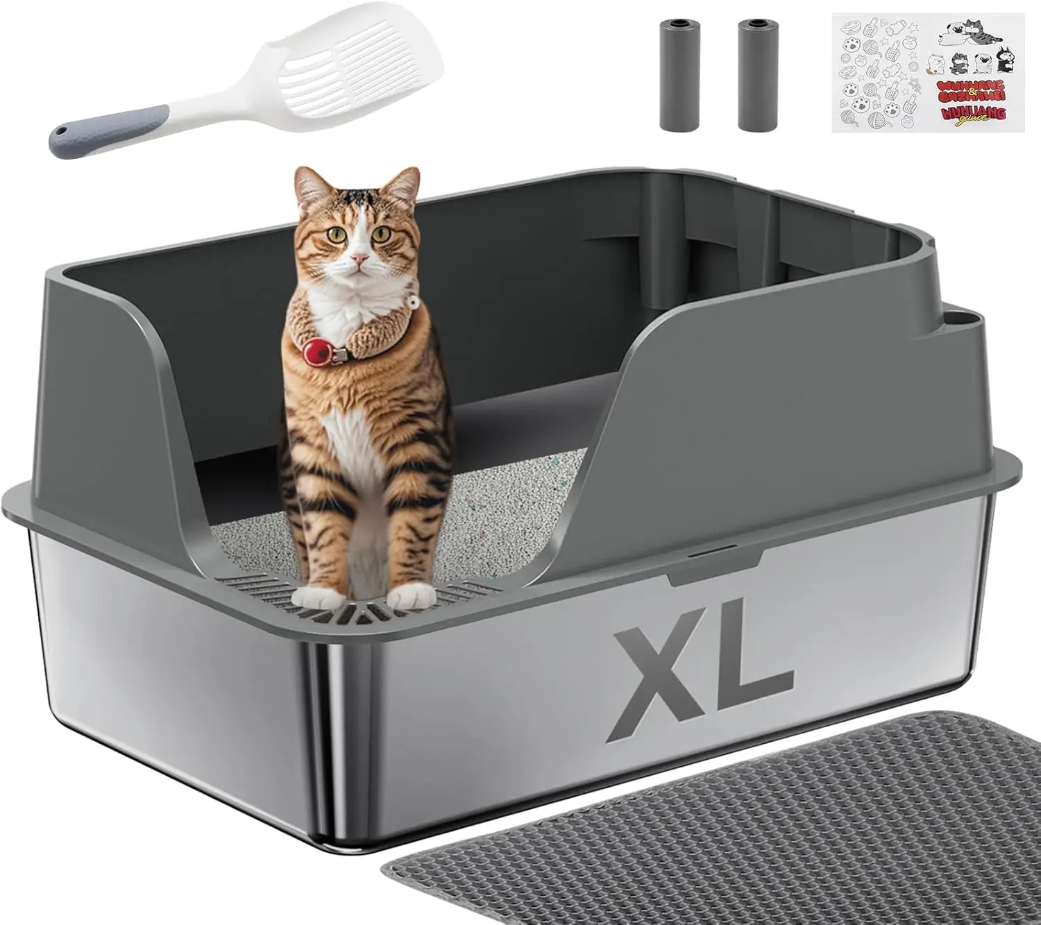 Stainless Steel Cat Litter Box,  Extra Large Splash-proof & Leak-proof Litter Box Suitable for Large Cats