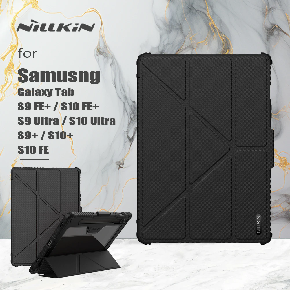 NILLKIN For Samsung Galaxy Tab S9 Plus S10 FE Plus S10 Ultra Armor Bumper Leather Pro Case Slide Camera Hard PC+PU Protector