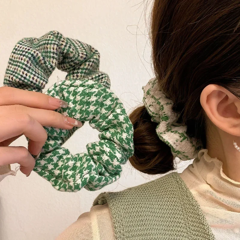 Green Plaid Large Scrunchies Ladies 2024 Spring Elastic Hair Bands for Women Ponytail Head Rope Headdress Lazo Pelo Mujer