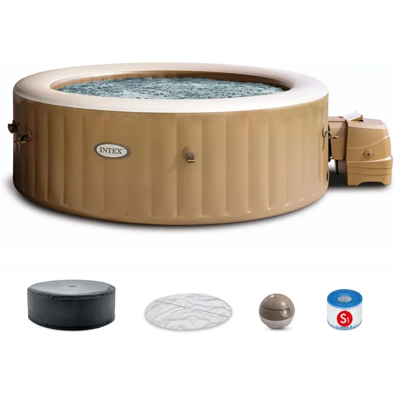 

ureSpa 6 Person Bubble Massage Inflatable Hot Tub Spa Set, Sahara Tan - Portable Outdoor Spa Plus Water Heater Pump, Foam