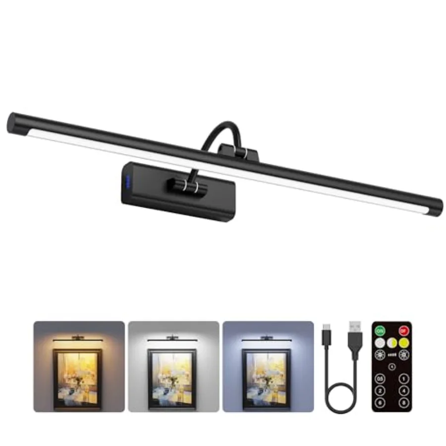 

24-дюймовый светильник для картин с аккумулятором 8000 мАч - Беспроводной настенный светильник с пультом ДУ и таймером для больших картин, фотографий и холстов