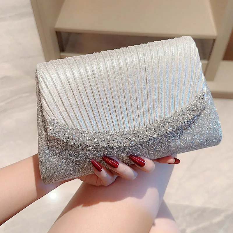 Shining Bling Silver Color Small Evening Bags Wedding Party Clutches Handbags Chain Shoulder Bags For Women Prom Clutch Purses