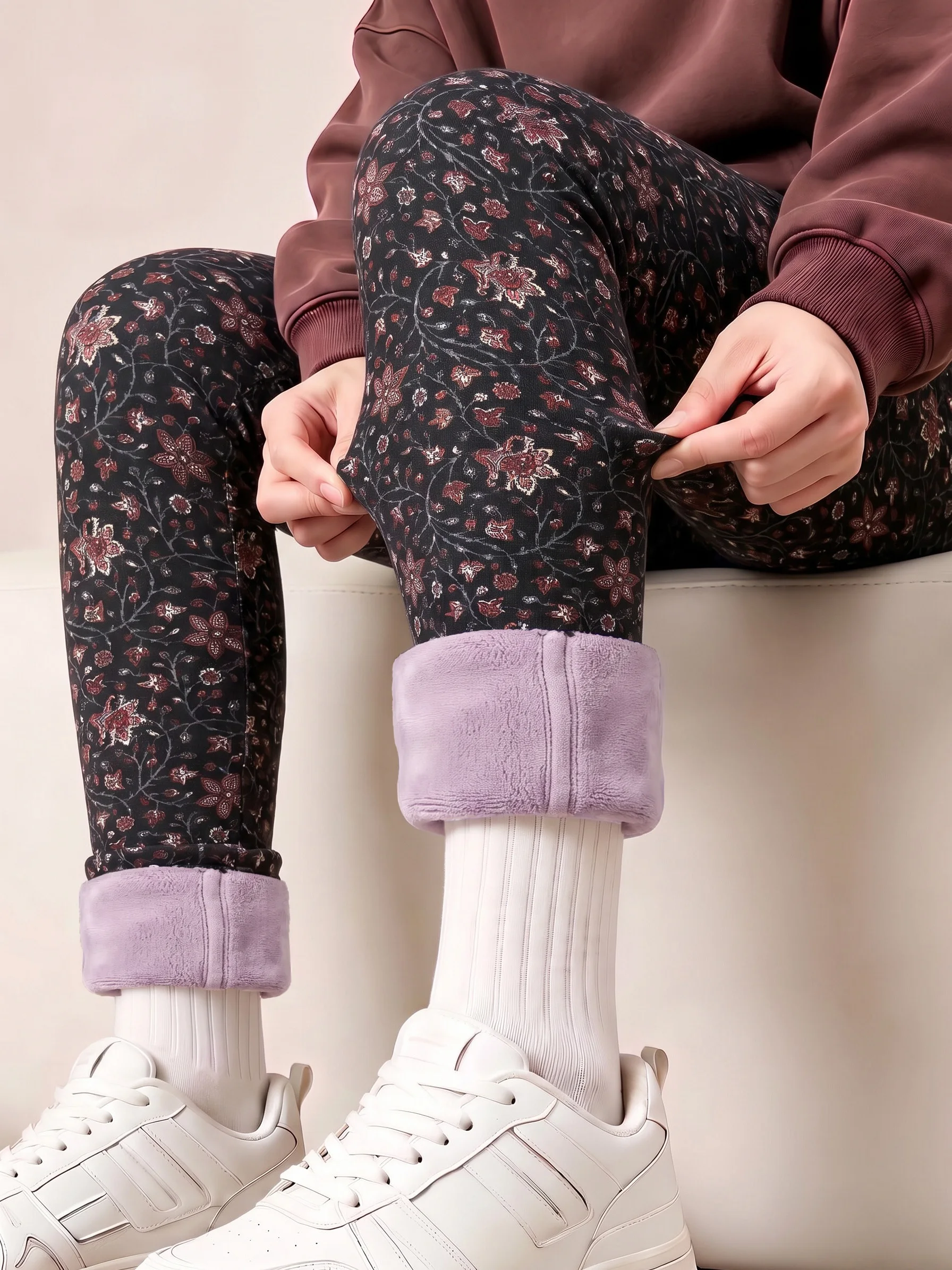 Women Vintage Floral Print High Waist Fleece Lined Leggings Thick Thermal Stretch Pants for Autumn Winter Daily Lounging Outdoor
