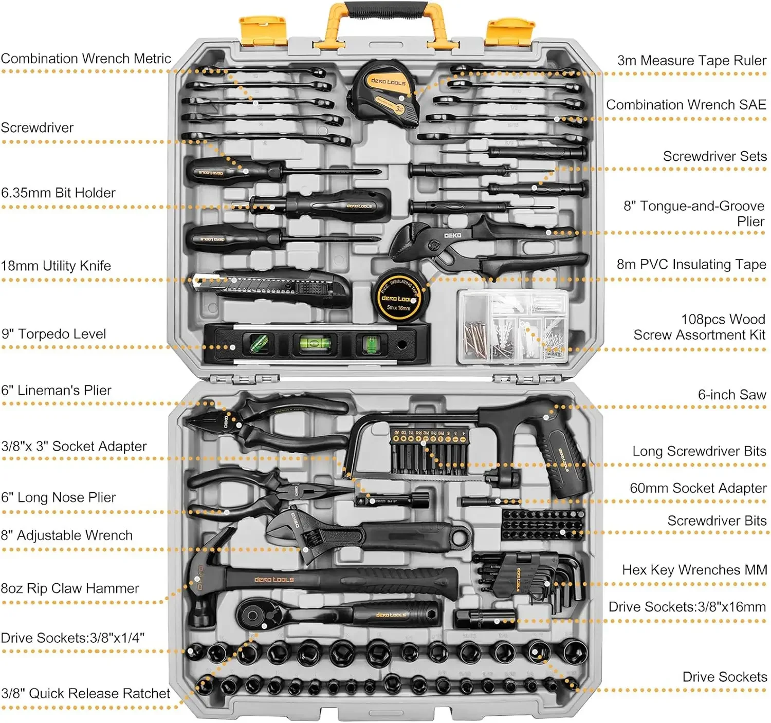 218-Piece General Household Hand Tool kit, Professional Auto Repair Tool Set for Homeowner, General Household Hand Tool Set