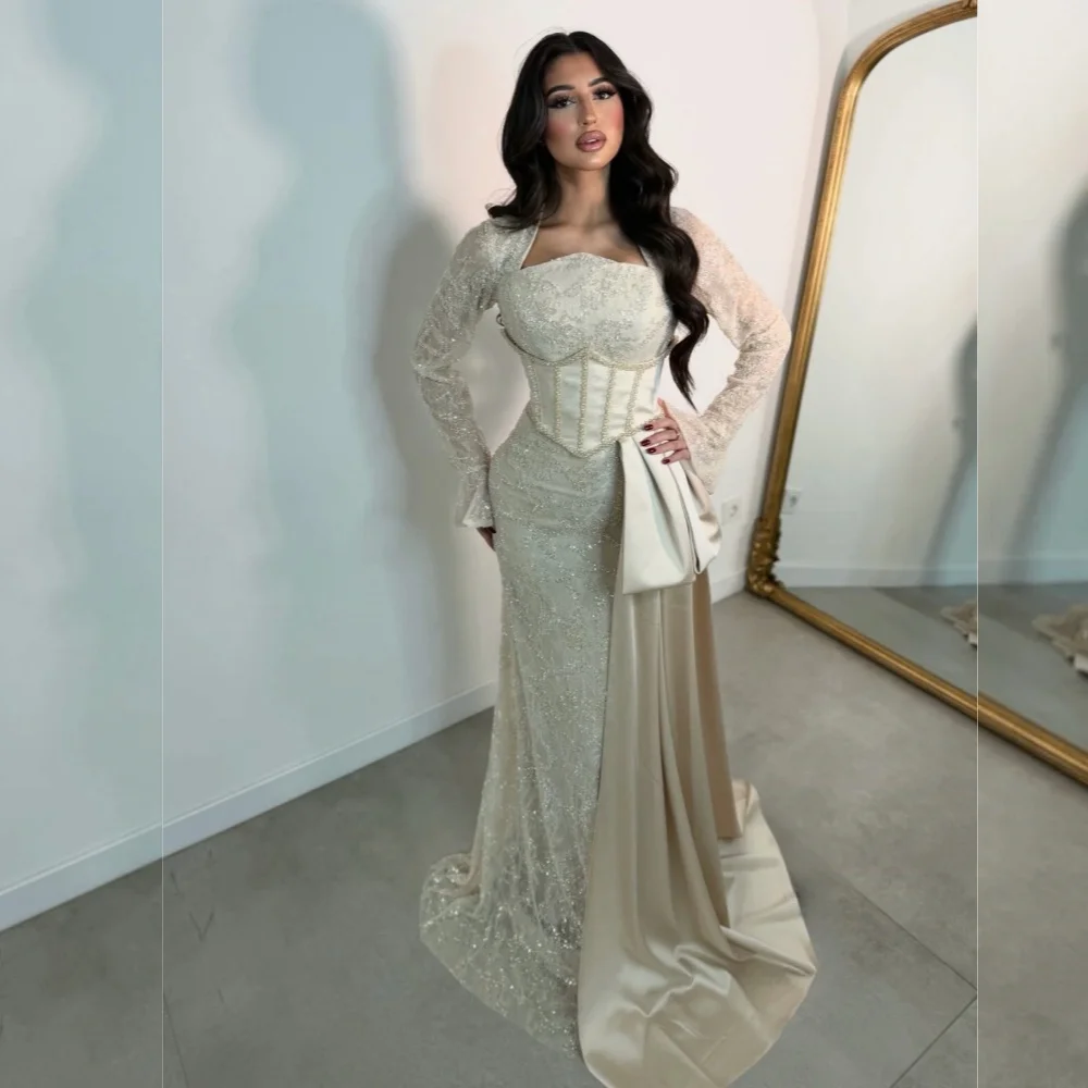 

Изысканное вечернее платье класса люкс на заказ, с длинными рукавами, силуэт «труба», в пол, для свадебных торжеств и вечеринок