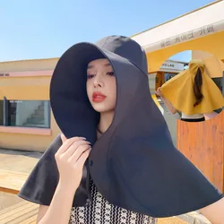 Women's Summer Hat Sun Wide Brim Uv Neck Protection Solar Beach Bucket Hats Shawl Ponytail Cycling Travel Panama Caps Female
