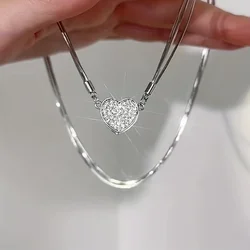 Elegant Heart-Shaped Zircon Pendant Necklaces for Women Fashion Silver Color Multilayer Magnetic Clasp Necklace New Jewelry Gift