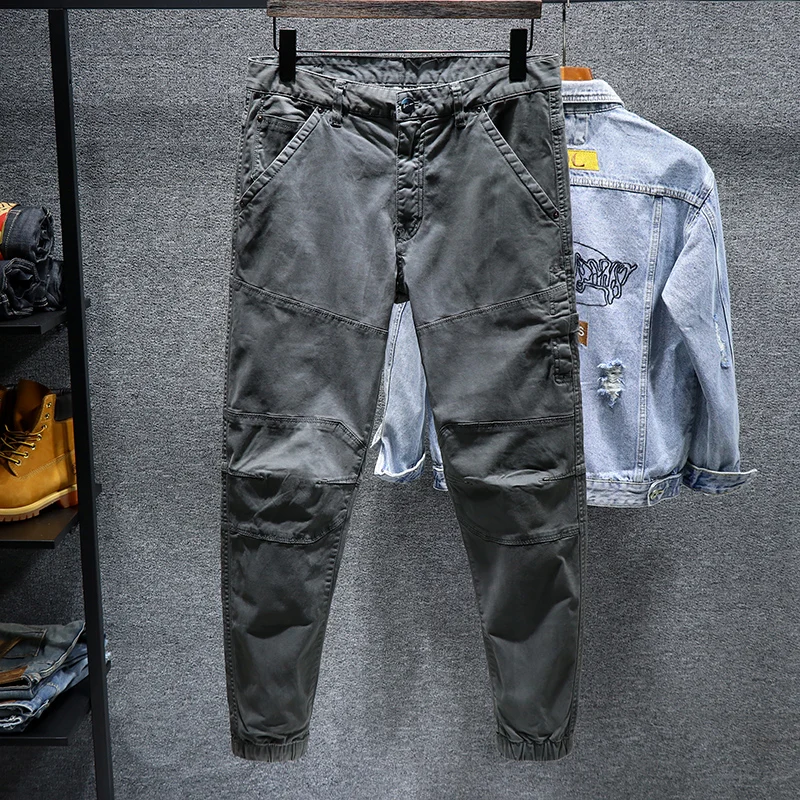 3D Tailored Men's Workwear Pants Casual Fashionable Slim Fit Sports Trousers Urban Style Khaki Color mid Waist Elastic