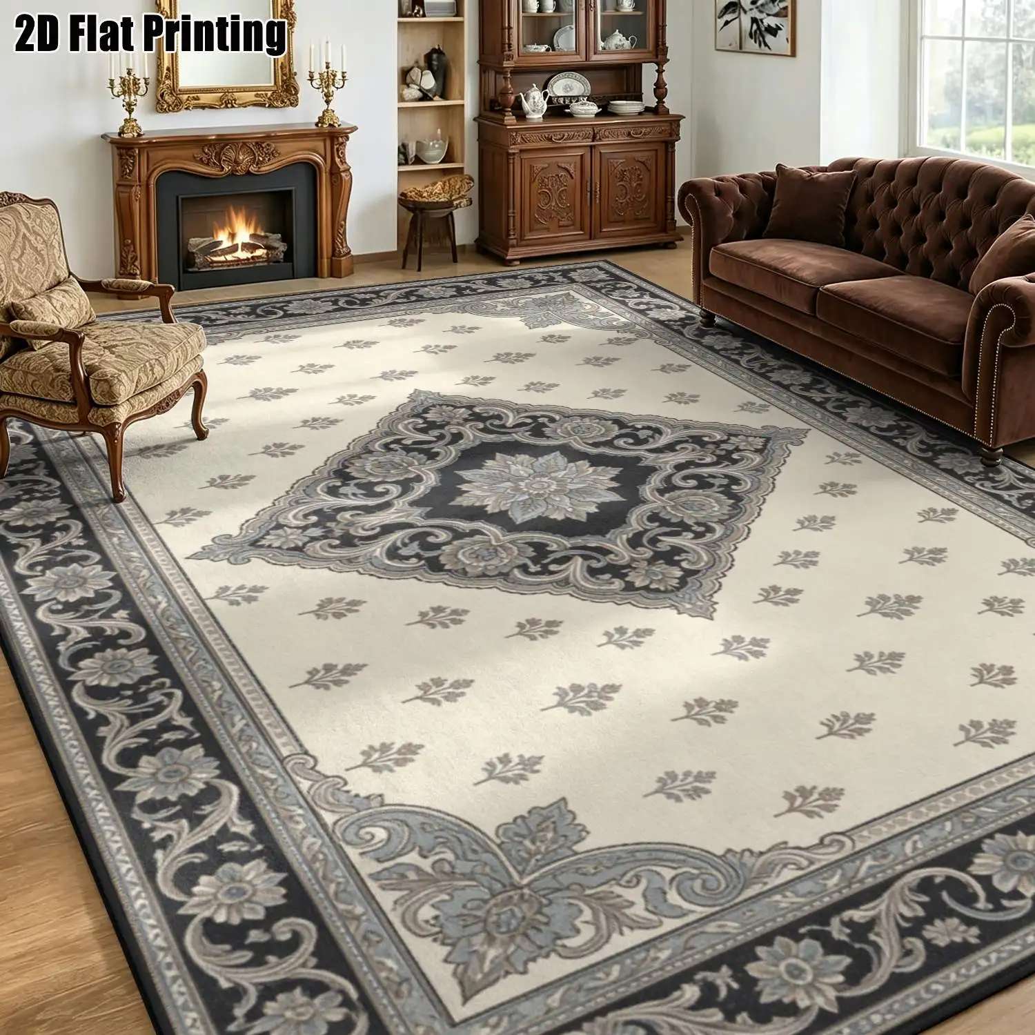 1Pc 2D Printed Beige Floral Geometric Pattern Carpet European Retro Bohemian Style Rug for Home Decor, Available in Multiple Sizes, Machine Washable, Can Be Used as an Entrance Mat, Dining Room Rug, Foyer Rug, Bedroom or Living Room Carpet.