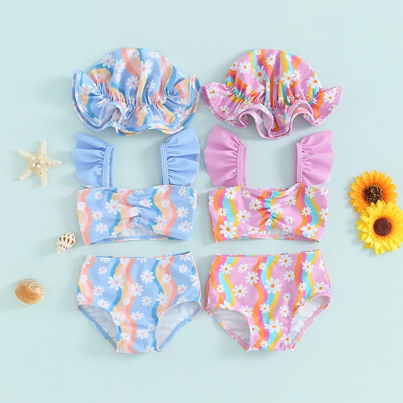 0-3Years Toddler Baby Girl 3Pcs Bikinis Set Rainbow Floral Print Ruffle Swimsuit with Hat Infant Swimwear Summer Bathing Suits