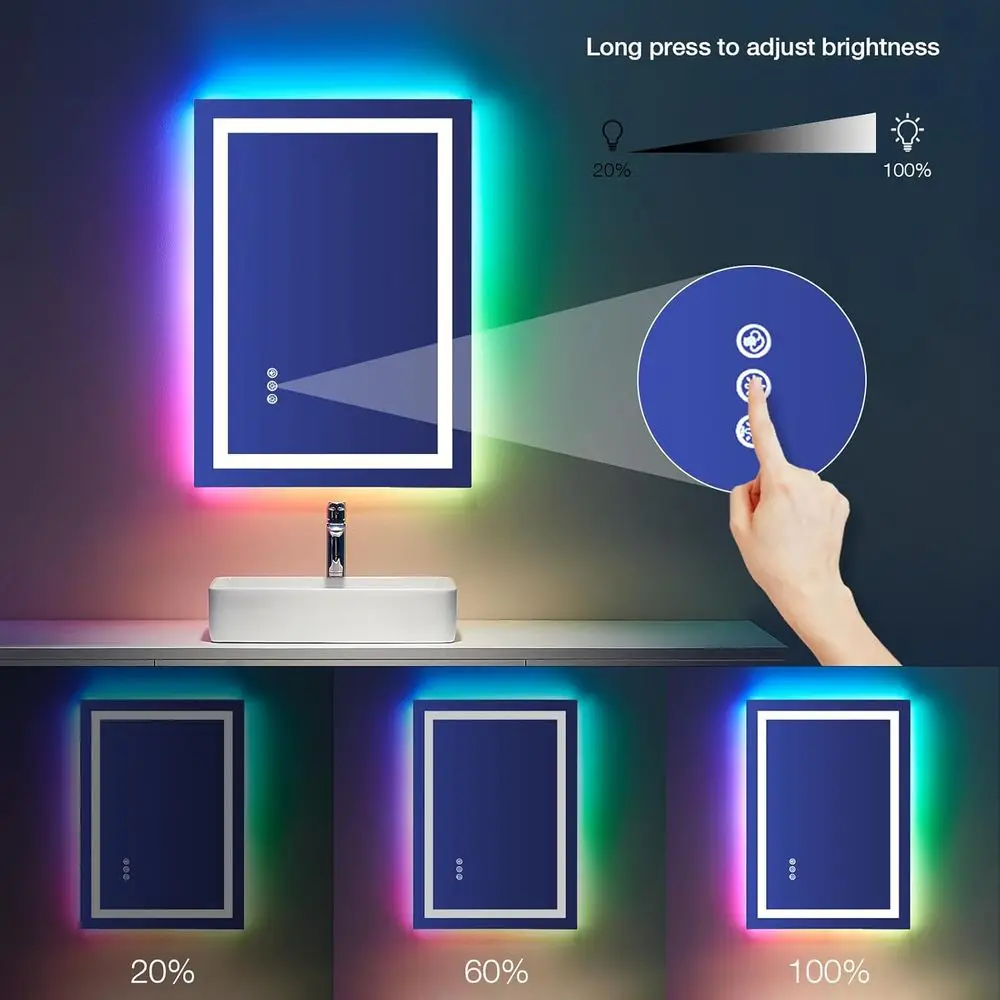 LED-Illuminated 24x32 Anti-Fog Bathroom Mirror with RGB Backlight, Dimmable, Front Lighting, Tempered Glass, Wall-Mounted Vanity