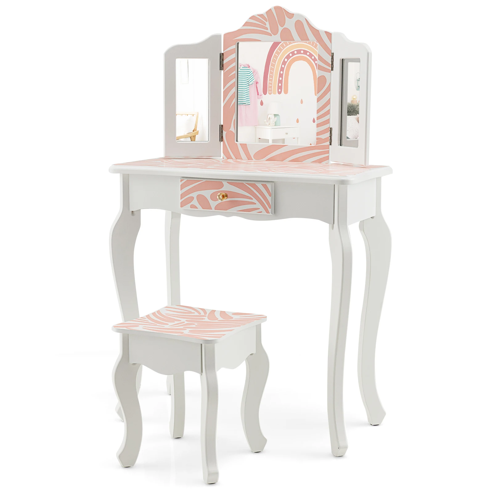 Kid Vanity Set Wooden Makeup Table Stool Tri-Folding Mirror Zebra-Stripe Pink