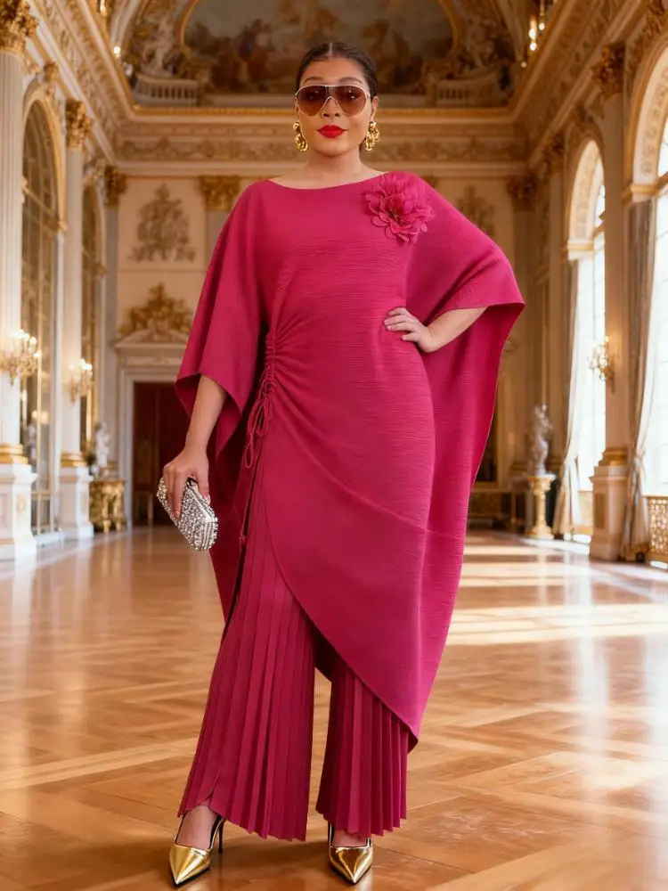 

Осенний костюм 2025 г., женская одежда, модный повседневный свободный плиссированный топ с цветочным принтом, темпераментные широкие брюки, комплект из двух предметов