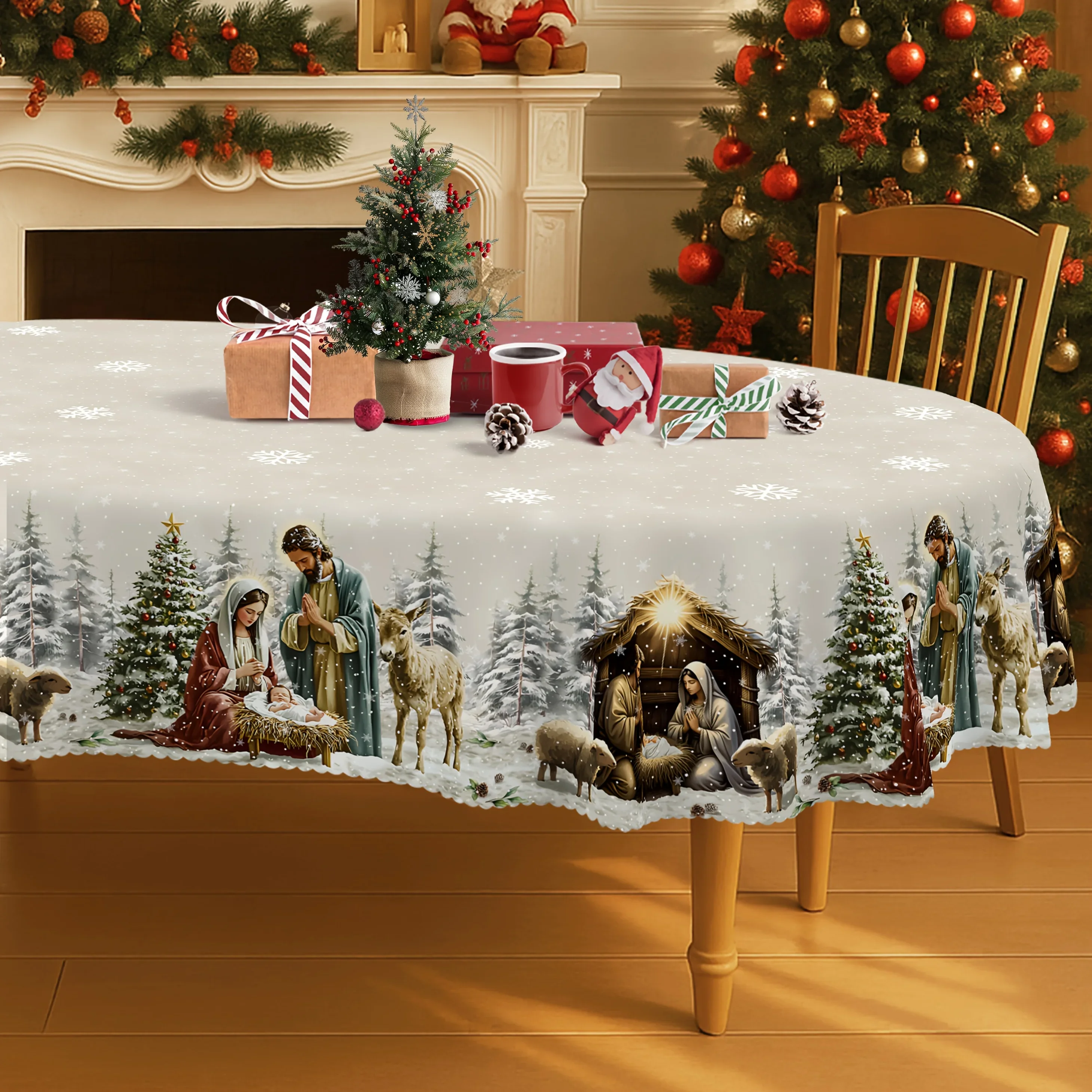 1 item, Christmas Happy Tablecloth, Christmas Nativity Scene Design - Christmas Tree, Donkey, Sheepzyc