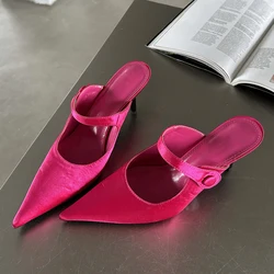 Eilyken Satijnen Knop Puntschoen Muilezels Pompen Dames Slipper Mode Ondiepe Dunne Hoge Hakken Dames Schoenen