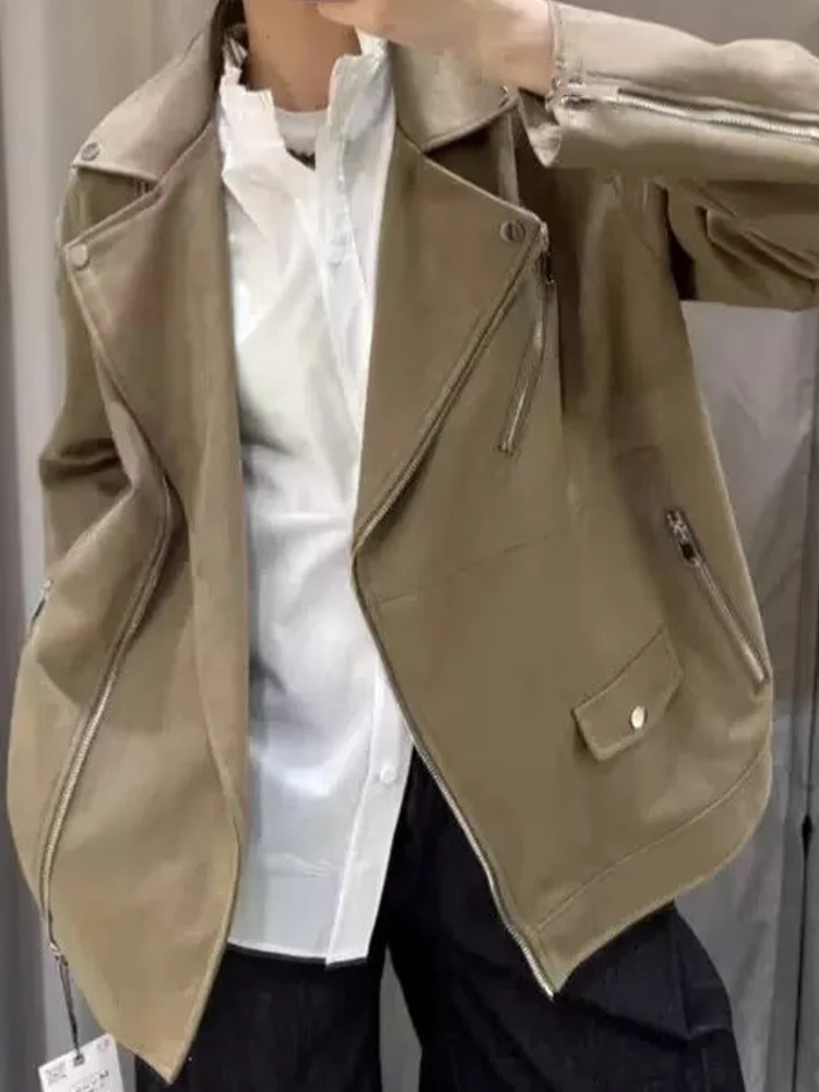 

HH Women's Autumn Winter Fashion Suede Texture Effect Motorcycle Lapel Jacket Female High Street Casual Zipper Pocket Jacket