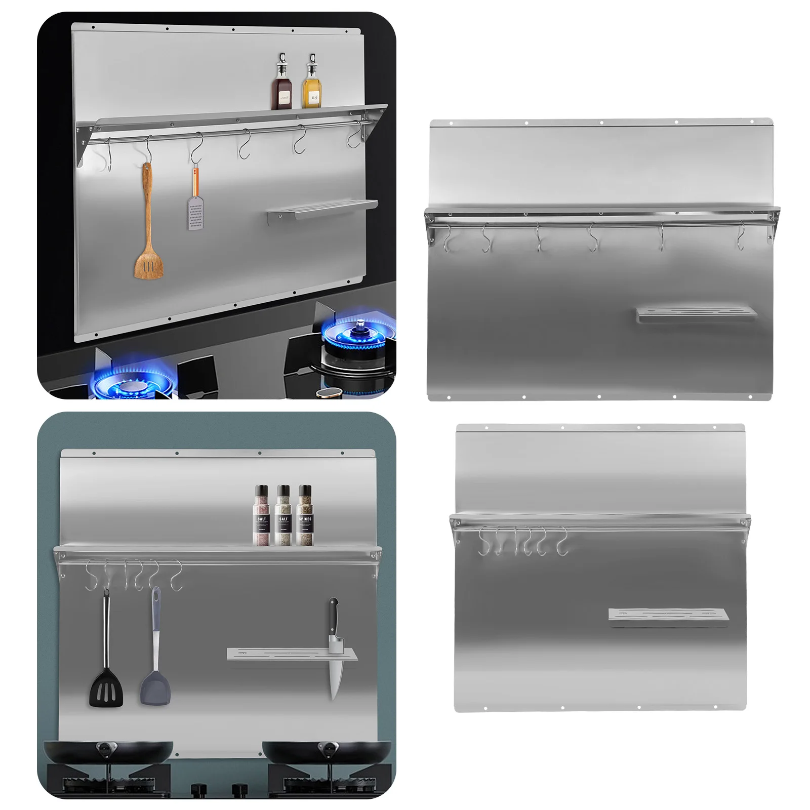 Rak Dinding Baja Tahan Karat dengan Backsplash Kisaran, Kapasitas Beban 30Kg, 6 Kait, Rak Pisau, Palang Silang untuk Dapur Efisien