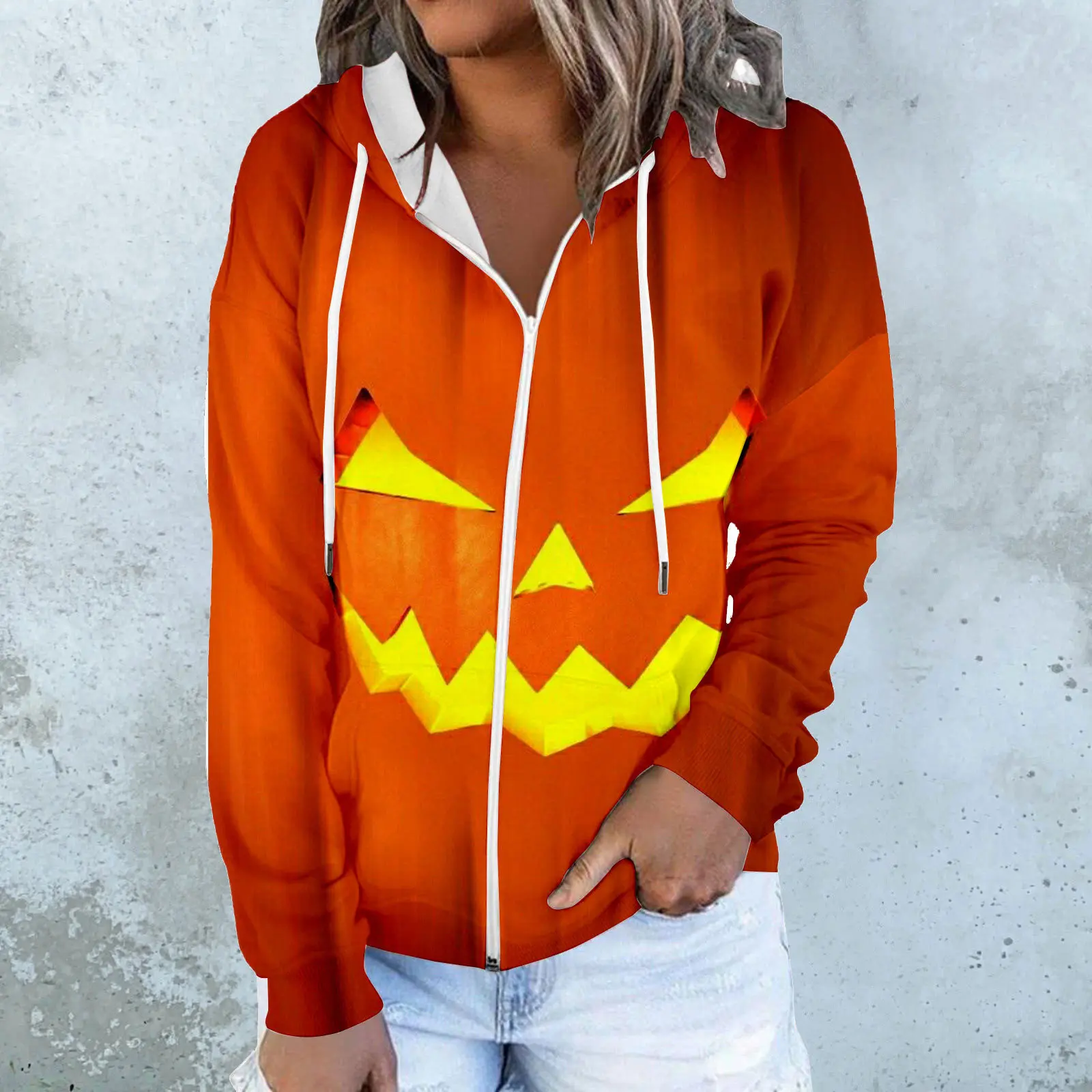 Zipper Fashion Digital Cross border Halloween Pumpkin Lantern Creative Personality Spring Trend Long sleeved HoodieWC4