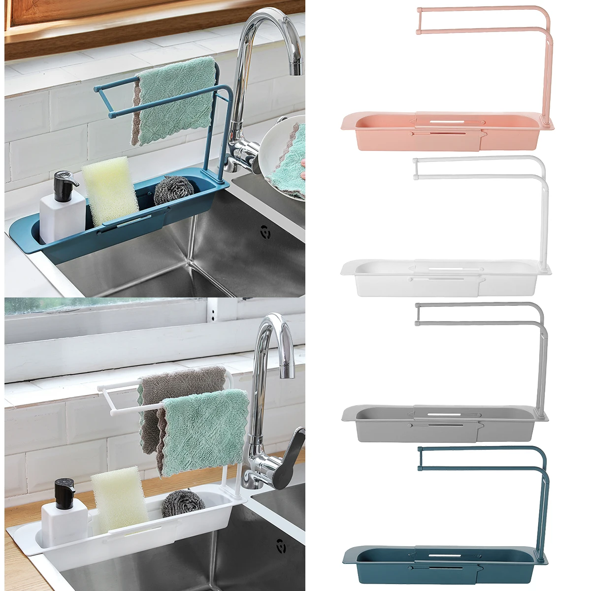 

Kitchen Telescopic Sink Rack Organizer Drainer Rack Storage Basket Bag Faucet Holder AdjustableBathroom Holder Sink Kitchen Tool