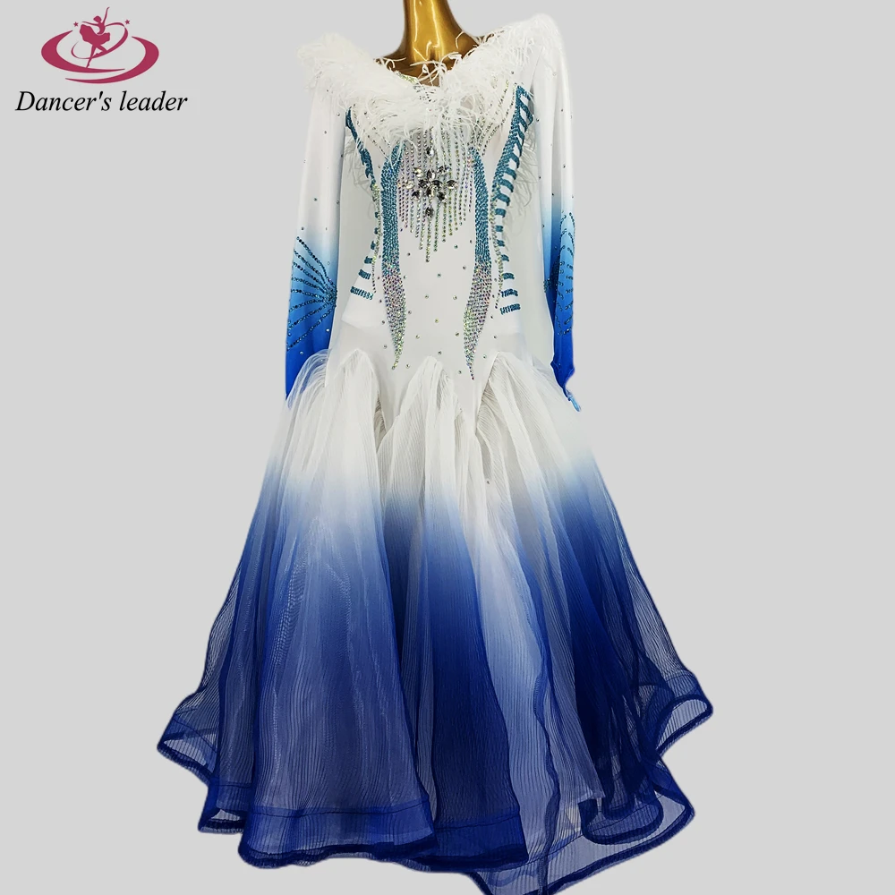 

Modern Dance Dress High-end Custom Long-sleeved Gradient Diamond Fluff Tango Waltz Women's Stage Professional Clothing