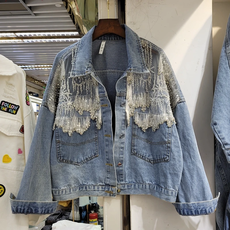 Spring 2026 Women's Single-Button  Collar Denim Jacket Heavy Embellishment Sequins Short Coat Cotton Commute Style Long S...