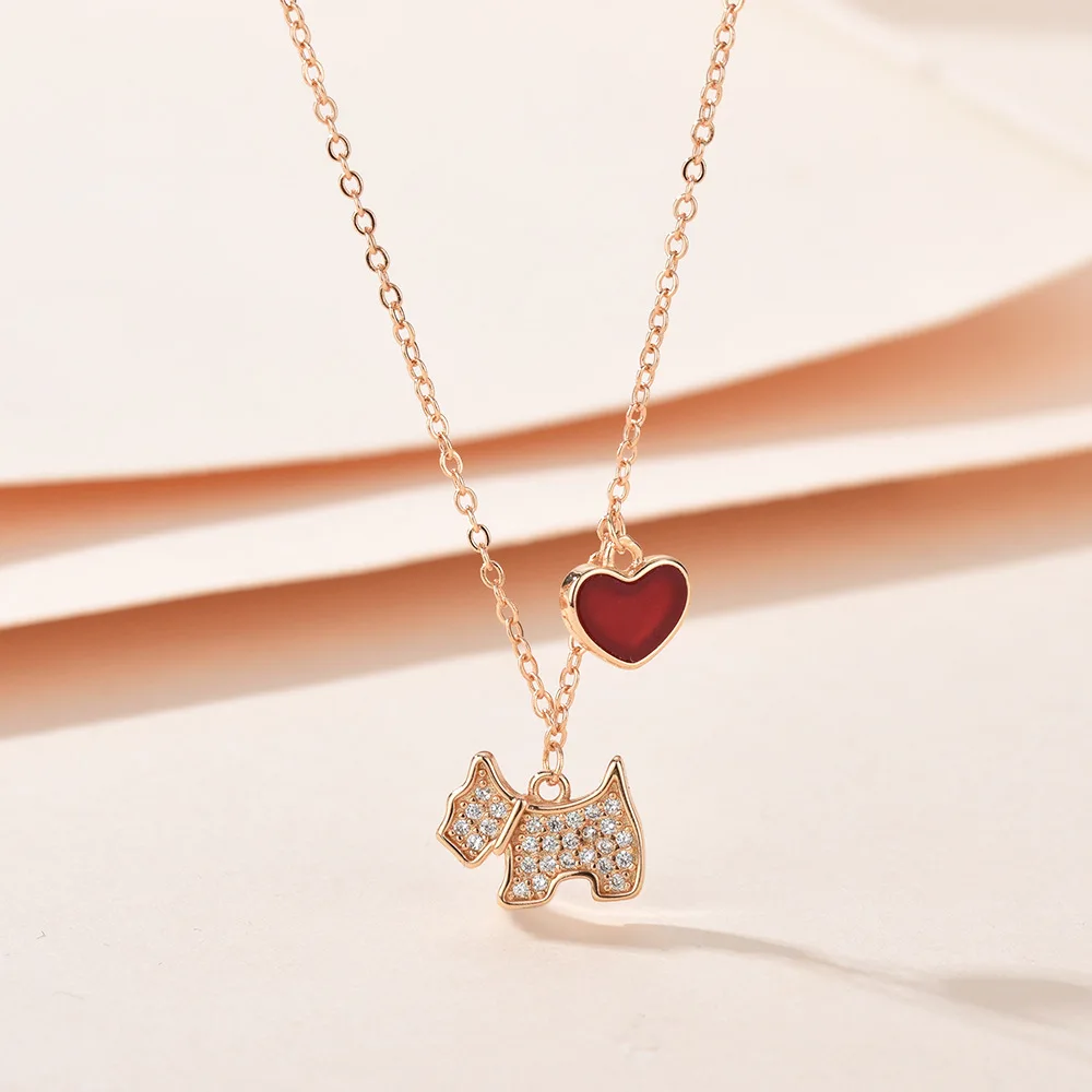 

Cute Puppy Pendant Necklace, Rose Gold Heart & Crystal Accent, Dainty Choker Chain for Women, Kawaii Minimalist Jewelry Gift