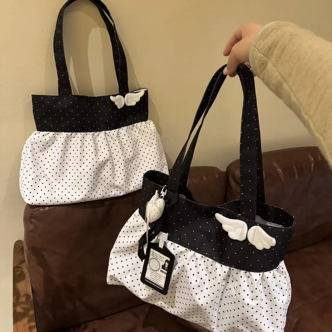 Polka Dot Tote Bag with Angel Wings Decor, Women Soft Fabric Shoulder Handbag, Sweet Y2K Aesthetic Ruched Shopping Bag