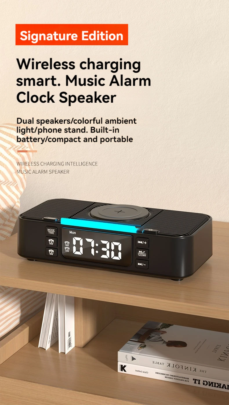 Portable Bluetooth Speaker with Wireless Charging Atmosphere Light Clock Alarm Function Double Speaker USB Charging