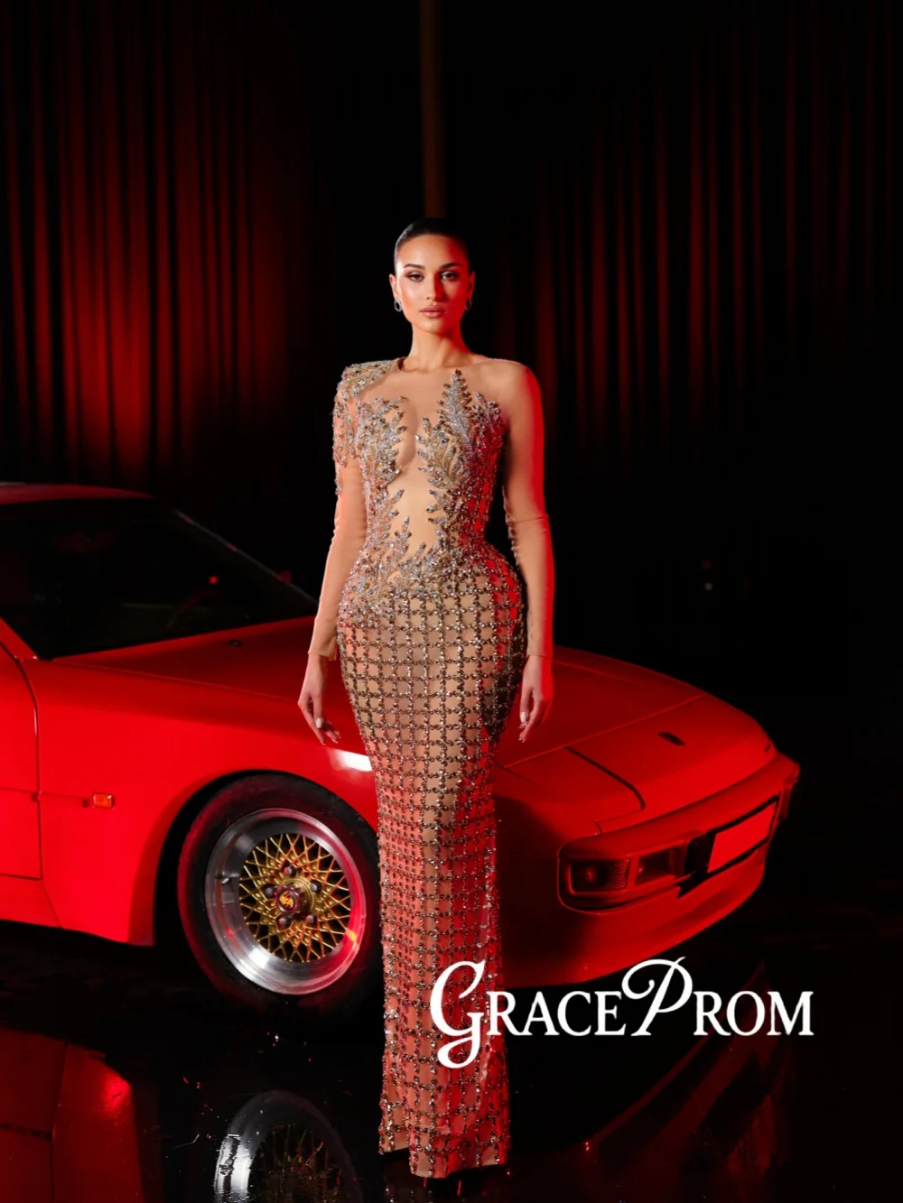 

Glamorous Crystal Long Evening Dress Luxurious Long Sleeve Straight Wedding Party Gowns New Customized Fashion Banquet Gowns